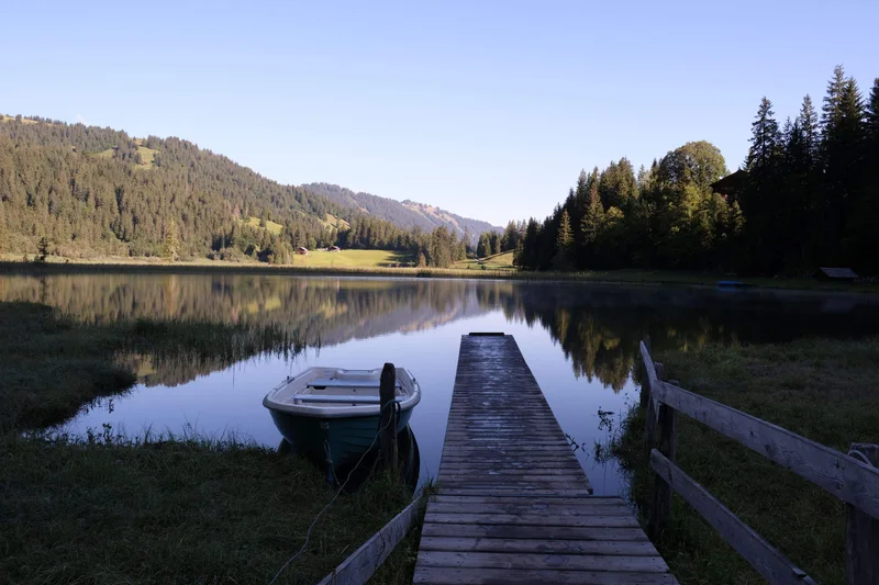 Ein Holzsteg und ein kleines Boot an einem stillen, von Wald umgebenen See.